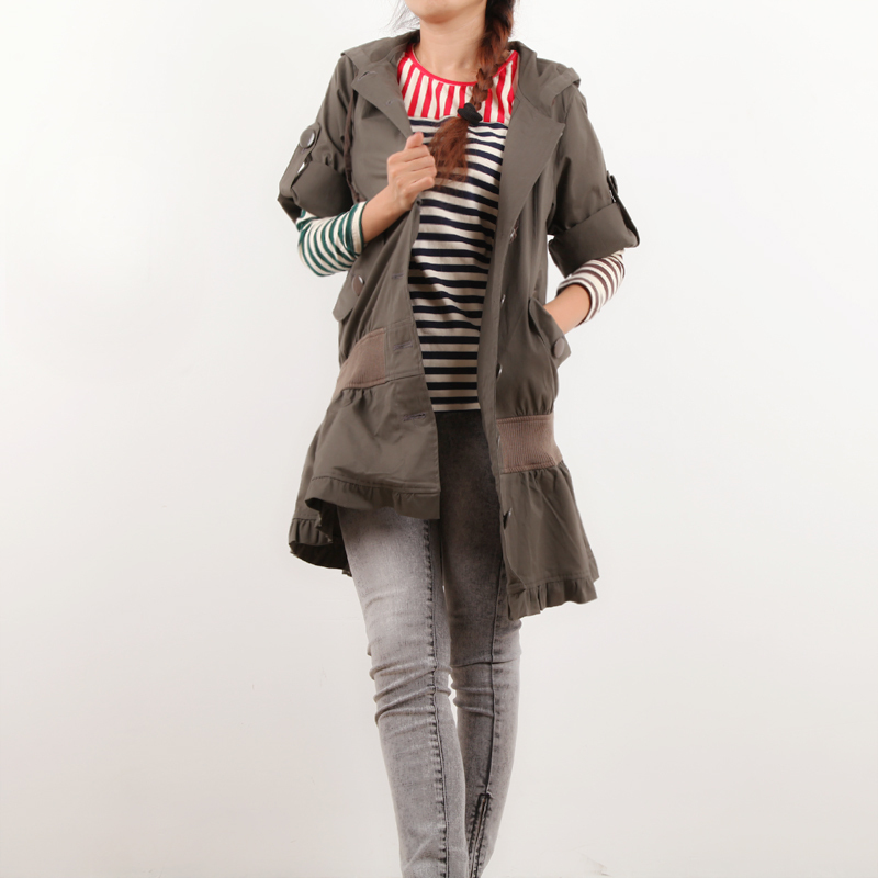 Free shipping 2013 Patchwork ruffle dress slim trench long design female outerwear e189-33