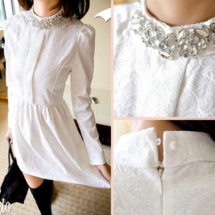 Free shipping 2013 plus size ladies stand collar rhinestone slim lace long-sleeve dress women