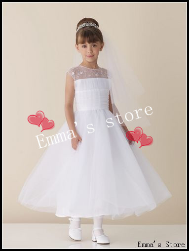 Free Shipping 2013 Popular Low Price A-Line Poretrait Bateall Mini Ankle-Length Bow Waist Appliques Tulle Flower Girl's Dresses