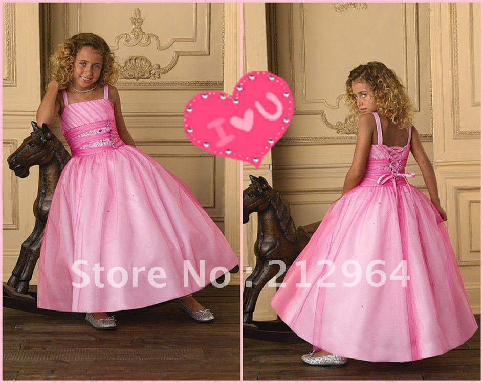 Free shipping 2013 pretty beauty Sheer Straps pink beaded Sequin ankle length flower girl dress dresses Children gown gowns G185