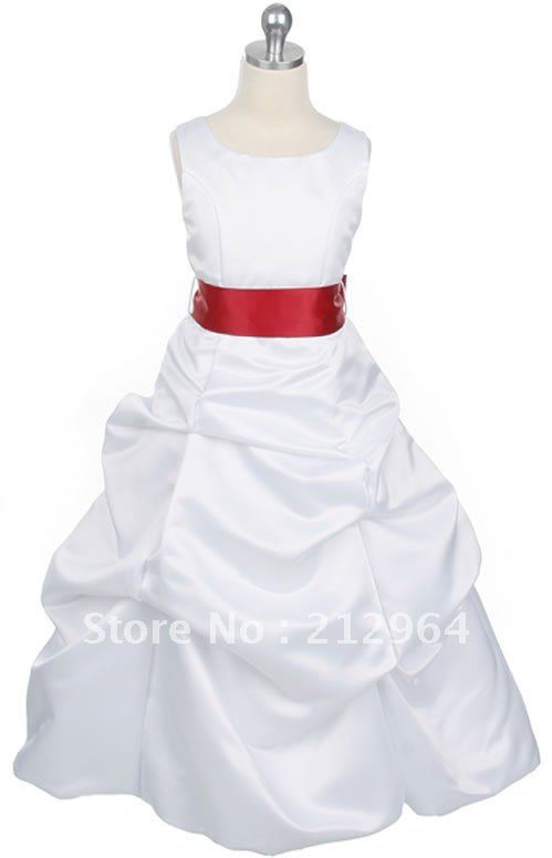 Free shipping 2013 pretty beauty Square red white Bubble waist floor length flower girl dress dresses Children gown gowns G183