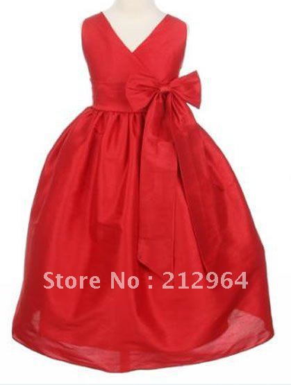 Free shipping 2013 pretty beauty v-neck red white ball waist bows ankle length flower girl dress dresses Children gown gowns 184