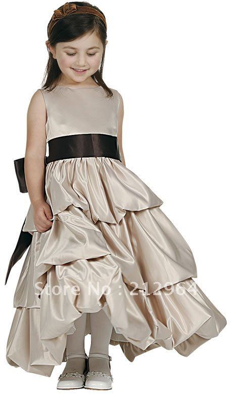 Free shipping 2013 pretty Jewel champagne bubble bows ruffle full length flower girl dress dresses Children girl gown gowns G194