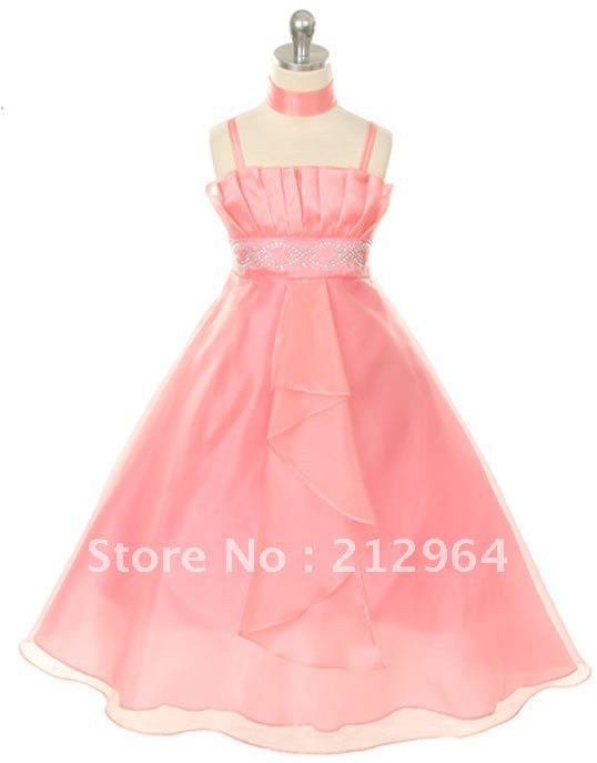 Free shipping 2013 pretty Spaghetti Strap pink beaded ruffle full length flower girl dress dresses Children girl gown gowns G190