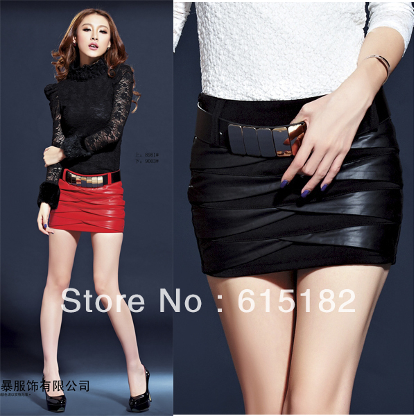 Free Shipping 2013 PU water washed leather all-match pleated short slim hip step mini skirt with belt high quality