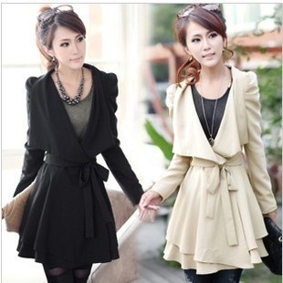 free shipping 2013 puff sleeve medium-long slim one-piece dress V-neck long-sleeve trench outerwear