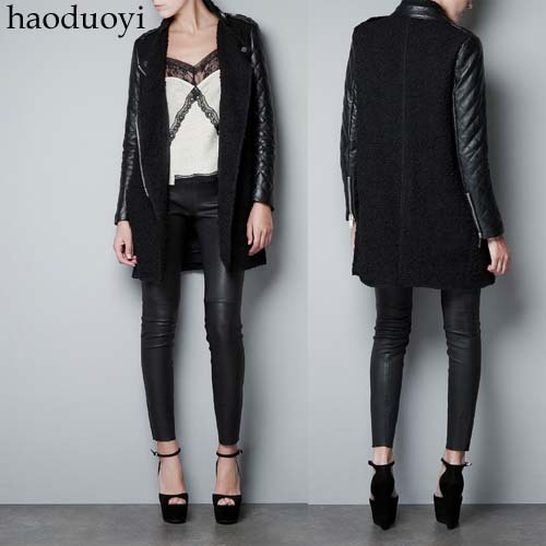 Free shipping 2013 Quilting leather overcoat patchwork PU zipper trench stand collar epaulette black long outerwear