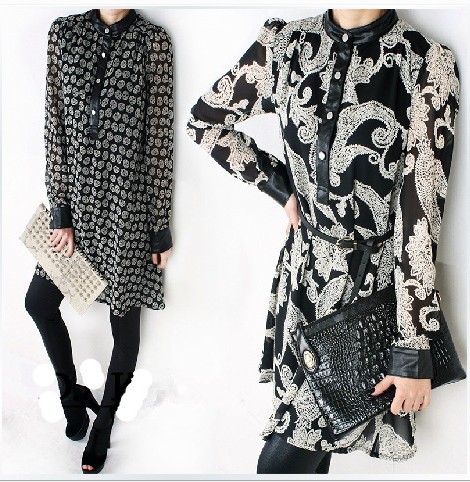 Free shipping 2013 restore ancient ways skull printed chiffon LiLing PU leather joining together cultivate one's morality dress