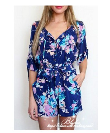 Free shipping 2013 runway new Spring and summer women's fashion flower pattern blue short-sleeve jumpsuit