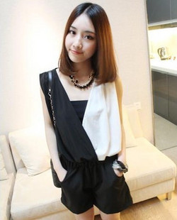 Free shipping 2013 runway new spring and summer women's small fresh black and white chiffon jumpsuit
