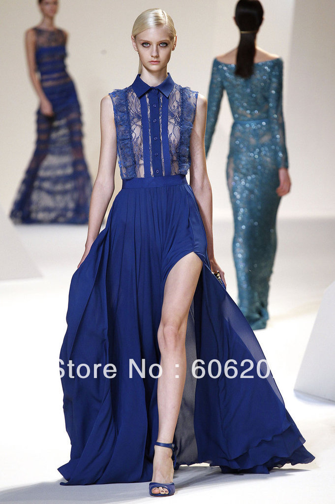 Free shipping, 2013 runway show women 100% silk evening dress with lace emblishment  #ED740