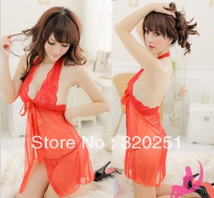free shipping 2013 Sexy lingerie purple transparent bow Sexy Lingerie fun pajamas hanging neck lace p625 of