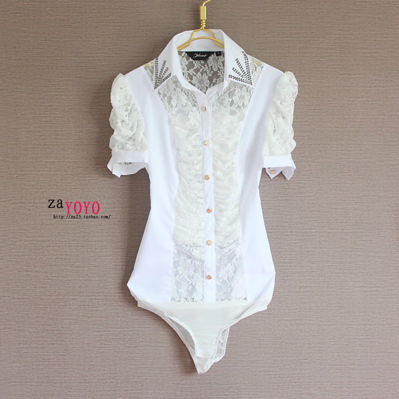 Free shipping!2013 sexy slim lace cutout racerback women's short-sleeve one piece shirt body shits