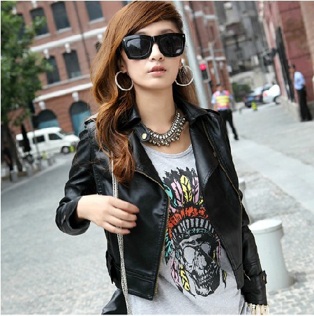 Free shipping 2013 Sexy Women's Coat Korea Rivet Black Motorcycle  Leather Jacket Zipper Short Coat Outerwear Fur clothing