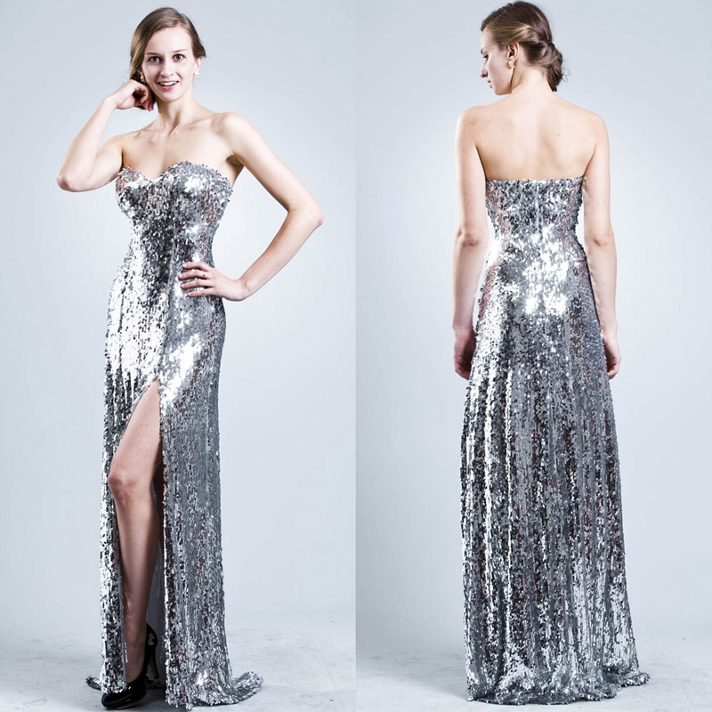 free shipping 2013 silver tube top paillette placketing long design female evening dress banquet