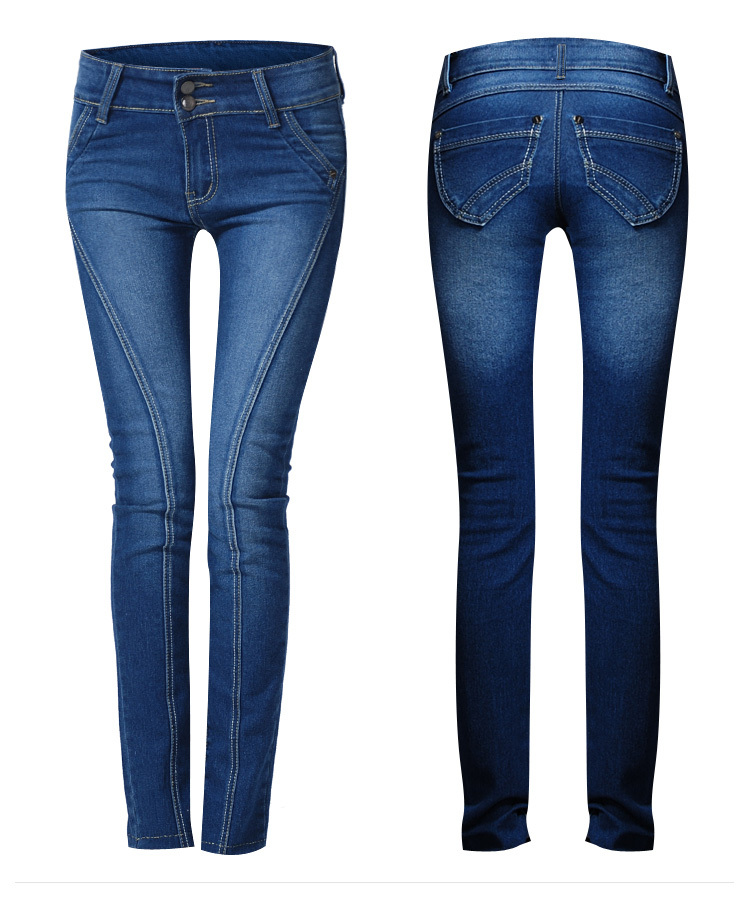 Free shipping 2013 skinny jeans for women mid waist jeans slim elastic buttons light wash long pants hot selling fashion