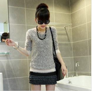 Free Shipping, 2013 slim small plaid medium-long plush sweater Women basic o-neck sweater