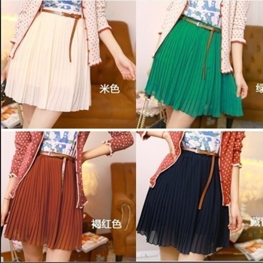 Free shipping 2013 Small female  vintage elastic high waist chiffon pleated skirt bust skirt women's preppy style leather