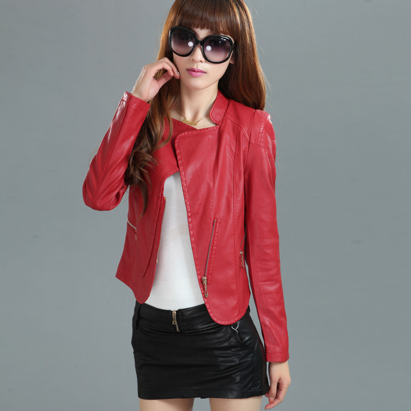 Free Shipping 2013 special quality fashion short collar woman PU leather casual long-sleeved brown grey black red SIZE M-XXL