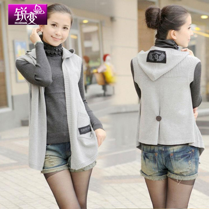 Free shipping 2013 spring 100% cotton denim vest women's sleeveless hooded cape cardigan knitted sweater vest