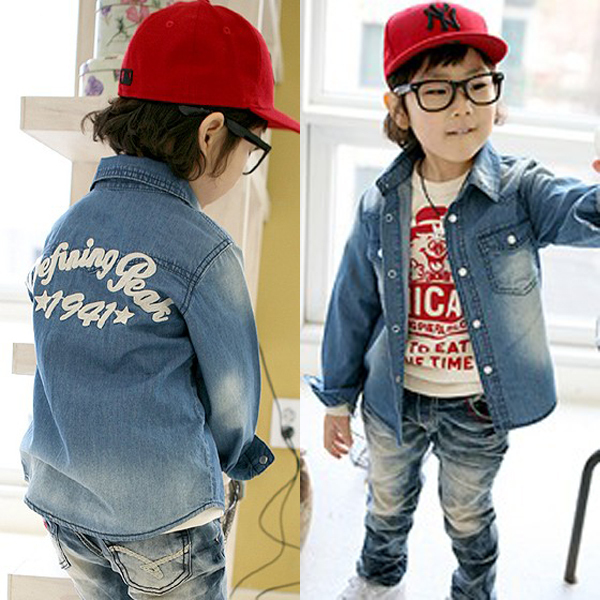 Free Shipping 2013 Spring 100% Cotton Embroidery Denim Outerwear Child Shirt