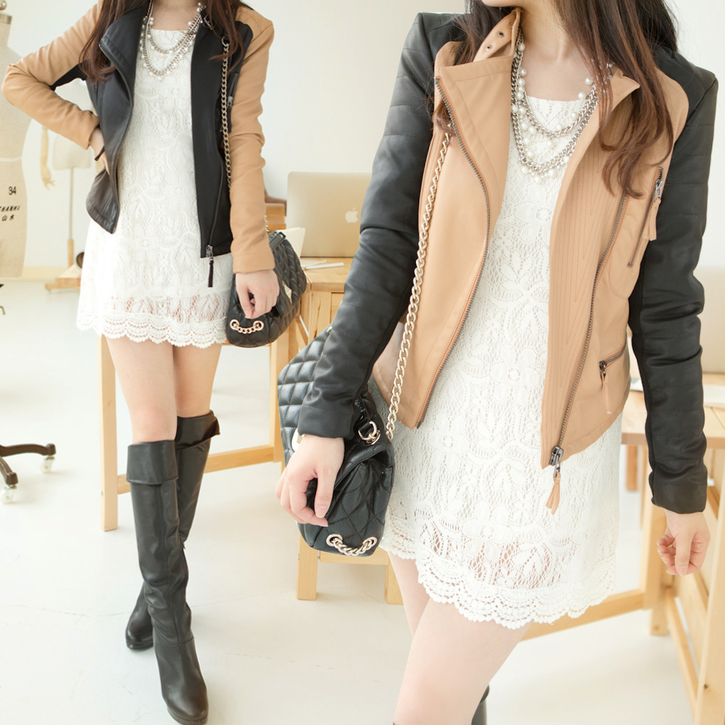 Free Shipping 2013 Spring    100 outerwear slim color block decoration PU clothing female py006