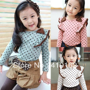 Free shipping 2013 Spring and Autumn kids clothing Dot bow Children's clothing Girls long-sleeved T-shirt Beautiful T-Shirt