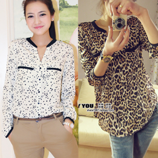 Free Shipping  2013 Spring and Autumn Korean Women silk floss Leopard loose big yards long sleeve chiffon shirt