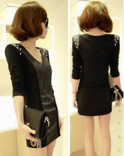 Free shipping 2013 spring and autumn lace patchwork slim sexy slim hip leather skirt long-sleeve spring one-piece dress