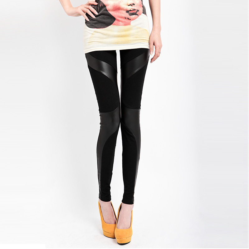 free shipping 2013 spring and autumn new arrival women's ankle length legging faux leather cotton cloth patchwork slim vq437