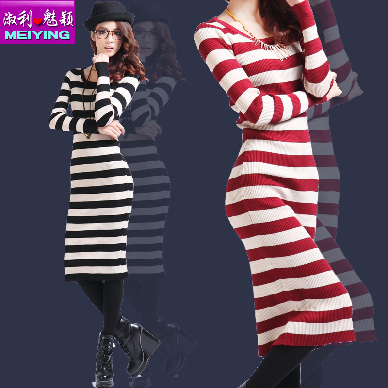 Free Shipping 2013 Spring and Autumn new Korean retro stripe sets scalp acupuncture knit dress