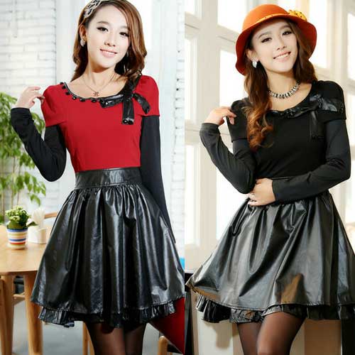 Free shipping 2013 spring and autumn one-piece dress knitted water washed leather long-sleeve o-neck mid waist ol skirt women's