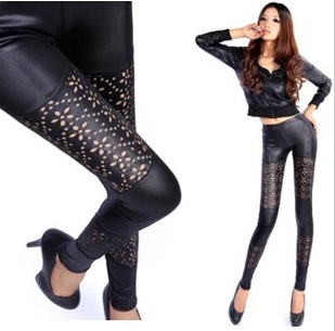 Free shipping, 2013 spring and autumn slim legging embossed leather pants cutout small flower faux leather legging pants