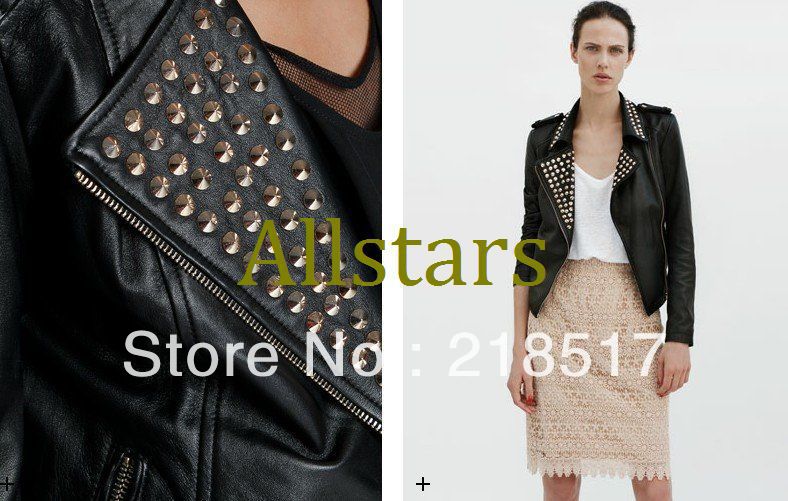 Free Shipping 2013 Spring and autumn Woman long sleeve short jacket leather rivet PU motorcycle jacket clothing D-79