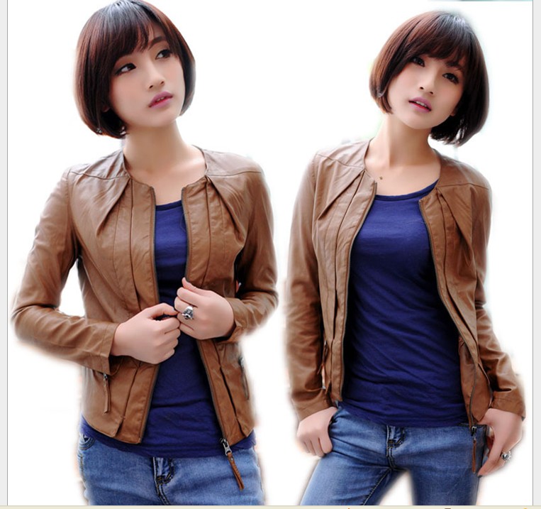 Free Shipping! 2013 Spring and Autumn Women Fashion O-Neck Zipper Up PU Faux Leather Lace Lining Slim Short Jacket Coat  P6872U