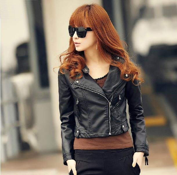 Free Shipping! 2013 Spring and Autumn Women Rivet Poket Zip Up Handsome Short Small PU Faux Leather Motorcycle Jacket  B06635#