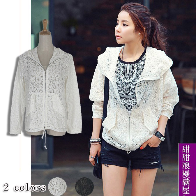 Free Shipping 2013 spring and autumn women's h4426 casual all-match fashion thin lace with a hood cardigan coat wholesale