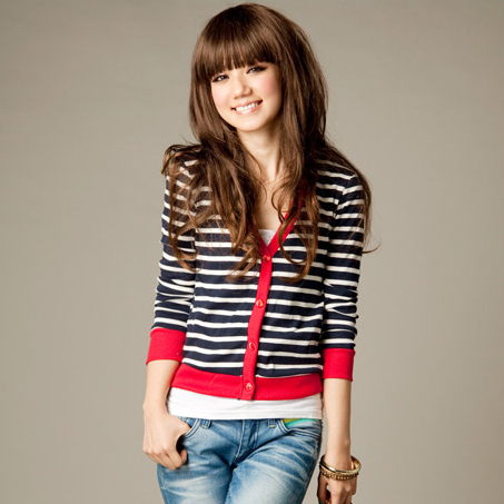 Free Shipping 2013 Spring  and  h&m red stripe cotton short jacket slim all-match cardigan