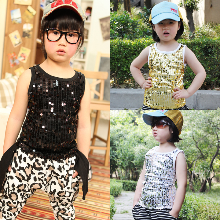 Free Shipping 2013 spring and summer all-match paillette child clothing baby girls sleeveless T-shirt vest 90001