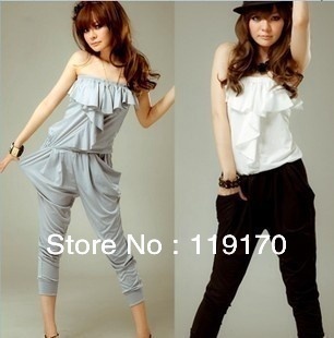 Free shipping 2013 spring and summer gentlewomen tube top ruffle jumpsuit mosaic slim waist jumpsuit 3234