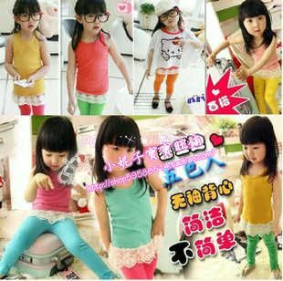 Free shipping 2013 spring and summer girls clothing candy color 100% cotton thread lace sleeveless vest