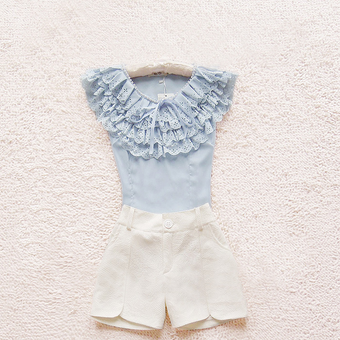 free shipping 2013 spring and summer ladies princess sweet ruffle hem cutout slim strapless chiffon shirt t-shirt