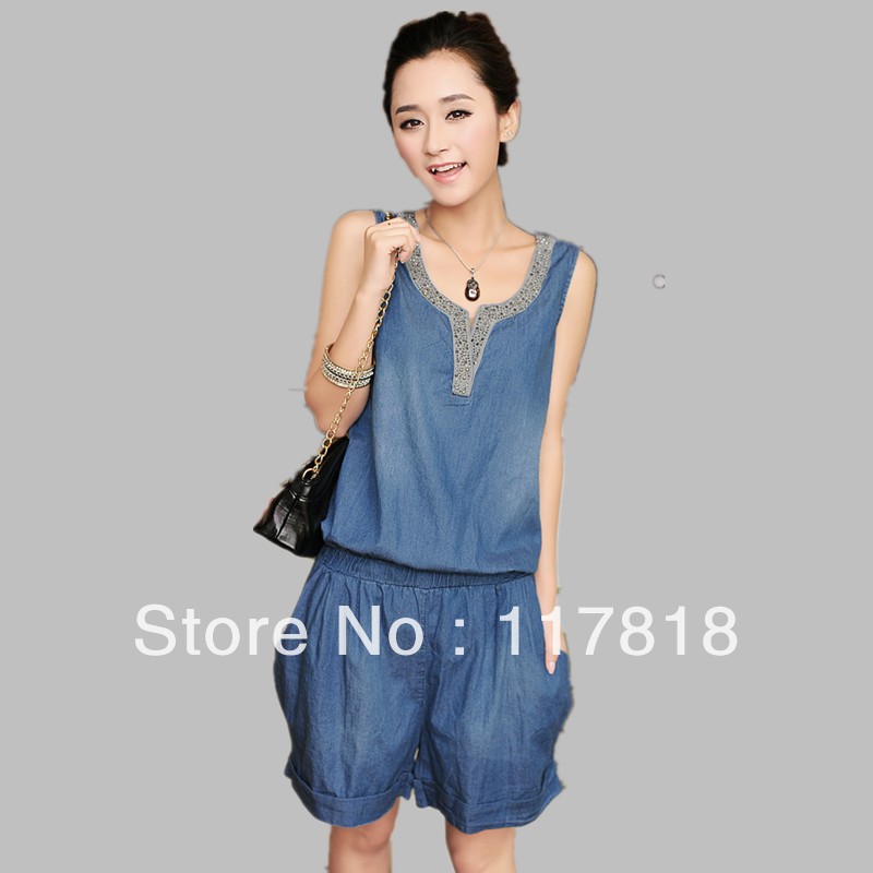 Free shipping! 2013 spring and summer new arrival women's denim jumpsuit casual rhinestones repair sleeveless vest one piece