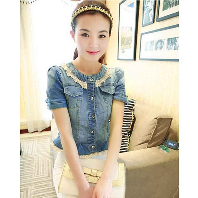 Free shipping 2013 spring and summer women's o-neck lace decoration pearl button elastic short-sleeve denim short jacket