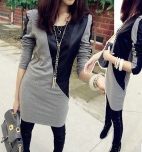 Free shipping 2013 spring and summer women's slim basic shirt top patchwork leather long design t-shirt