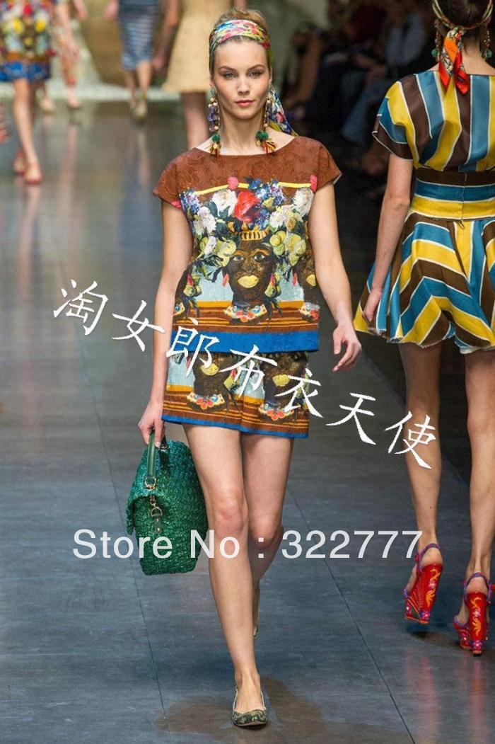 Free shipping 2013 spring and summer women's top fashion HOT sale retro silk print twinset include shirt and shorts
