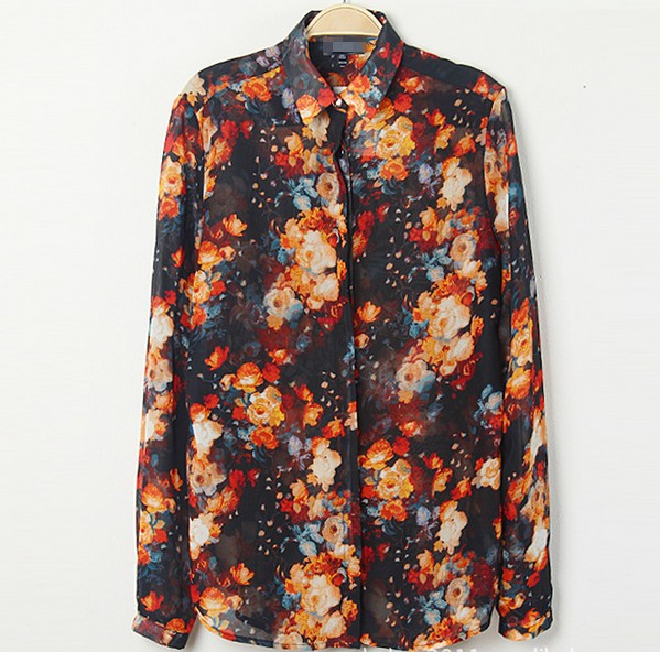 free shipping 2013 spring aso* Novelty shirts the flower print chiffon fashion woman shirt street style top*shop/zar* ft086