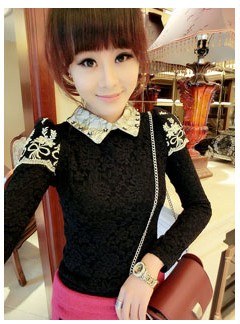 Free Shipping 2013 spring/autumn Sweet velvet full lace turn-down collar long-sleeve women blouses 3489FWG