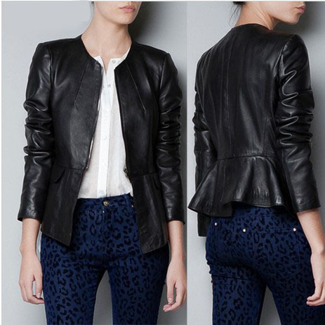 Free shipping 2013 spring autumn women's ruffle patchwork slim women's collarless leather jacket