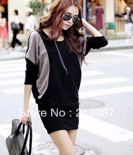 Free shipping! 2013 Spring bat sleeve dress hot sell color matching lady fashion slim dress O neck slim sweater dress M L XL